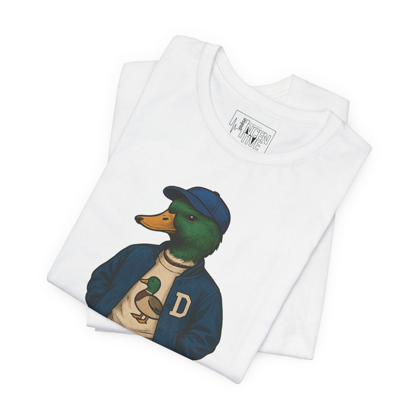 White Varsity Duck T-shirt folded view with anthropomorphic mallard duck graphic