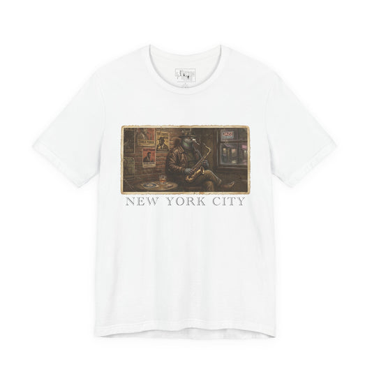 New York City Saxophonist Tee — Vintage Jazz Street Scene T-Shirt