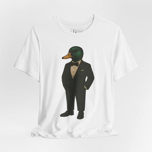 Whiter Dapper Duck T-shirt front view with anthropomorphic mallard duck graphic