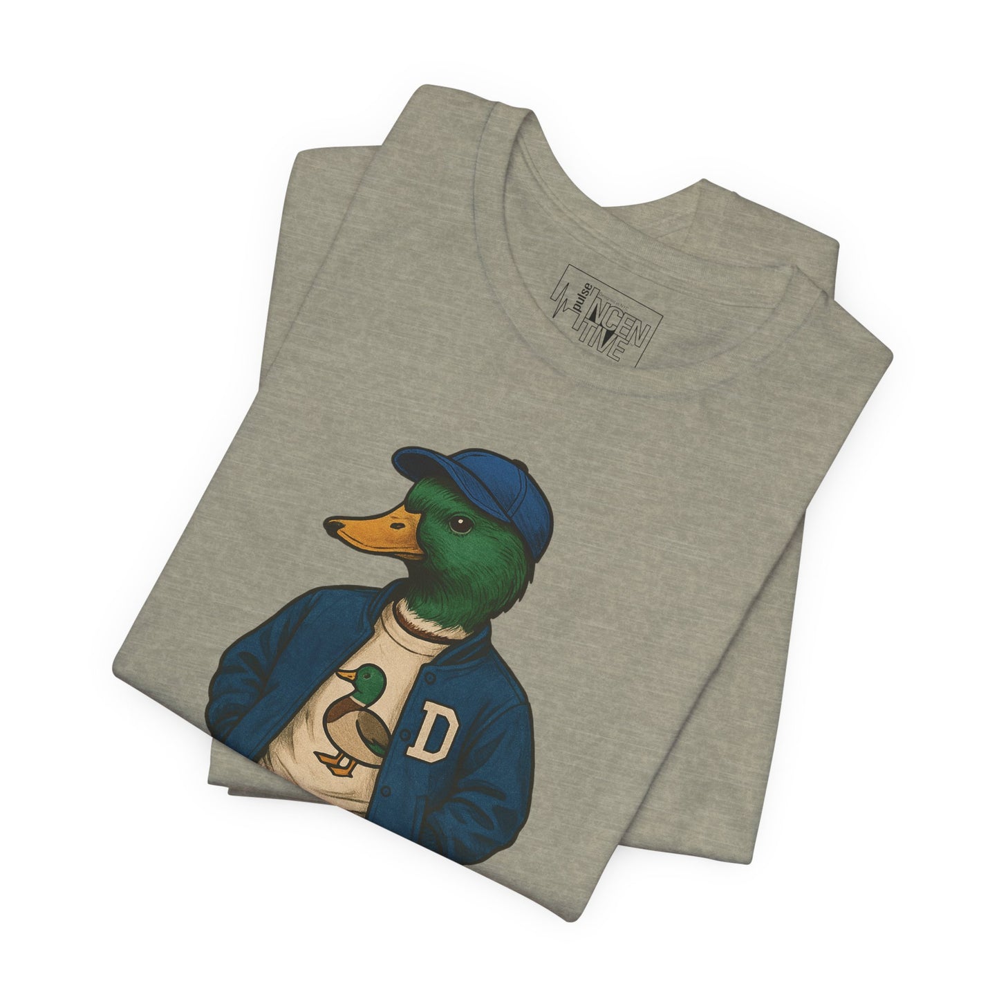 Stone Varsity Duck T-shirt folded view with anthropomorphic mallard duck graphic