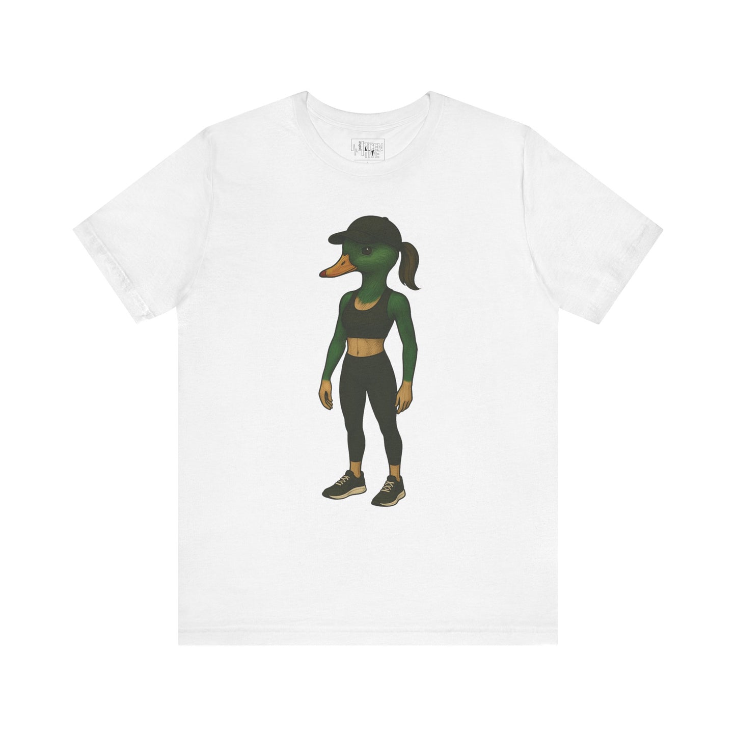 White Athletic She Duck T-shirt front view with anthropomorphic mallard duck graphic