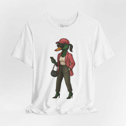 White Fashionista She Duck T-shirt front view with anthropomorphic mallard duck graphic