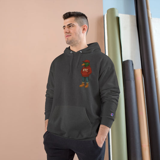 Male model wearing Charcoal NYC Duck Hoodie with anthropomorphic mallard duck chest graphic
