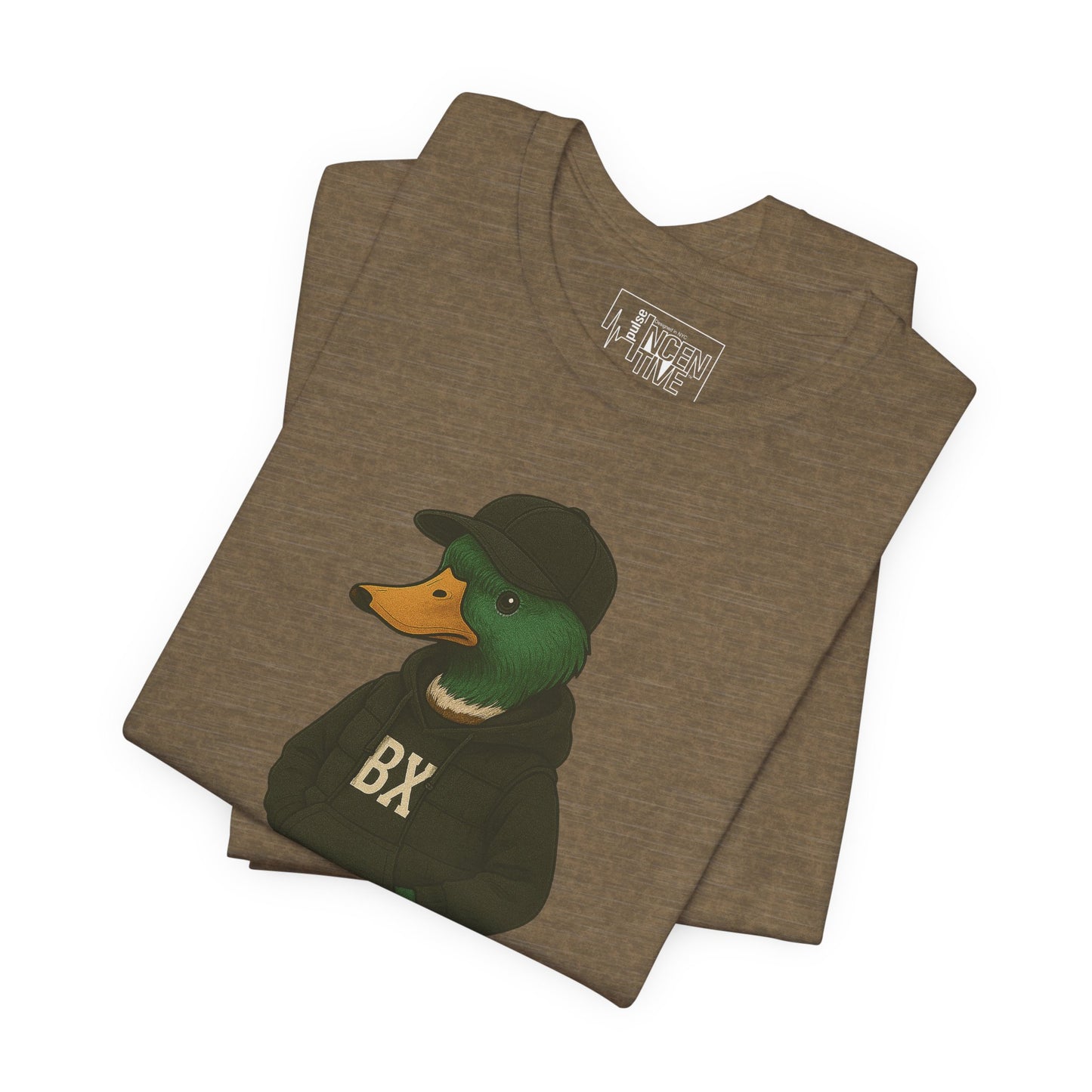 Olive Bronx Duck T-shirt folded view with anthropomorphic mallard duck graphic
