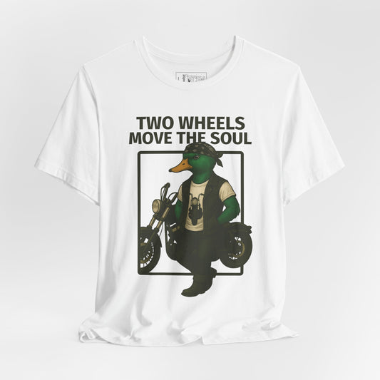 White Motorcycle Duck T-shirt front view with anthropomorphic mallard duck graphic