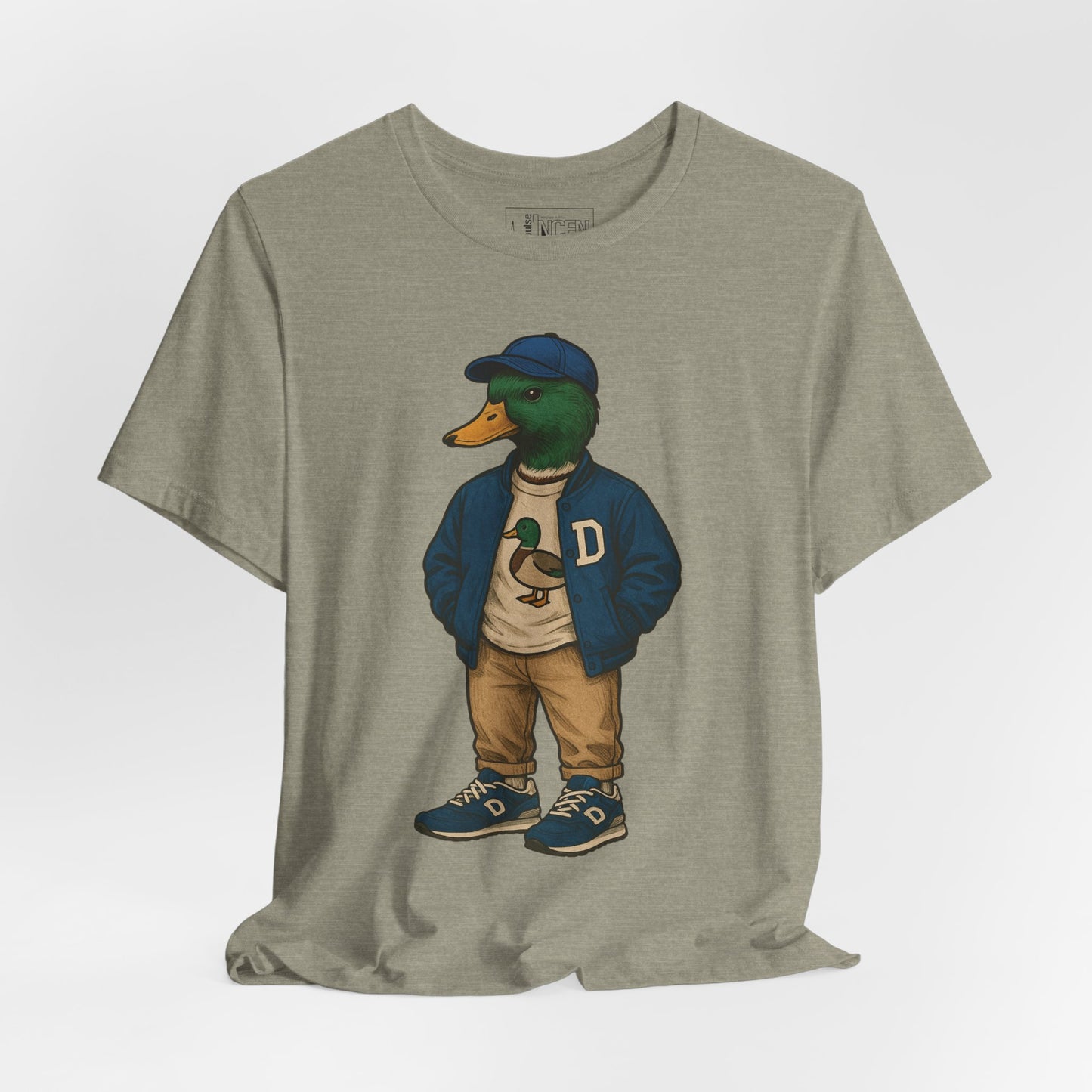 Stone Varsity Duck T-shirt front view with anthropomorphic mallard duck graphic