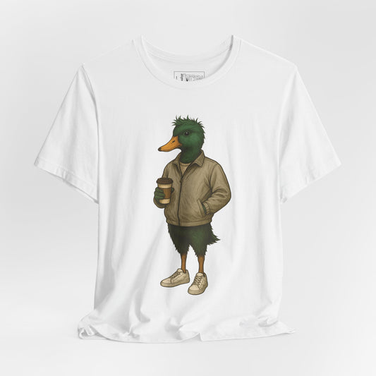 White Disheveled Duck T-shirt front view with anthropomorphic mallard duck graphic