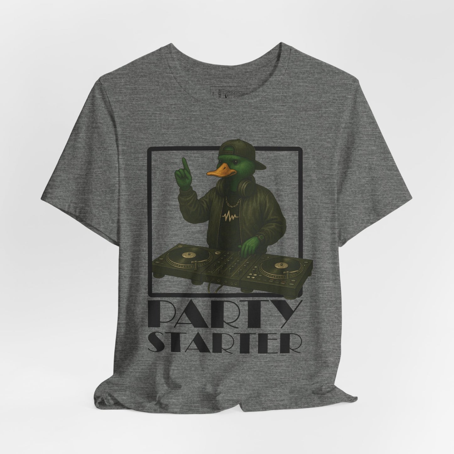 Deep Heather DJ Duck T-shirt front view with anthropomorphic mallard duck graphic
