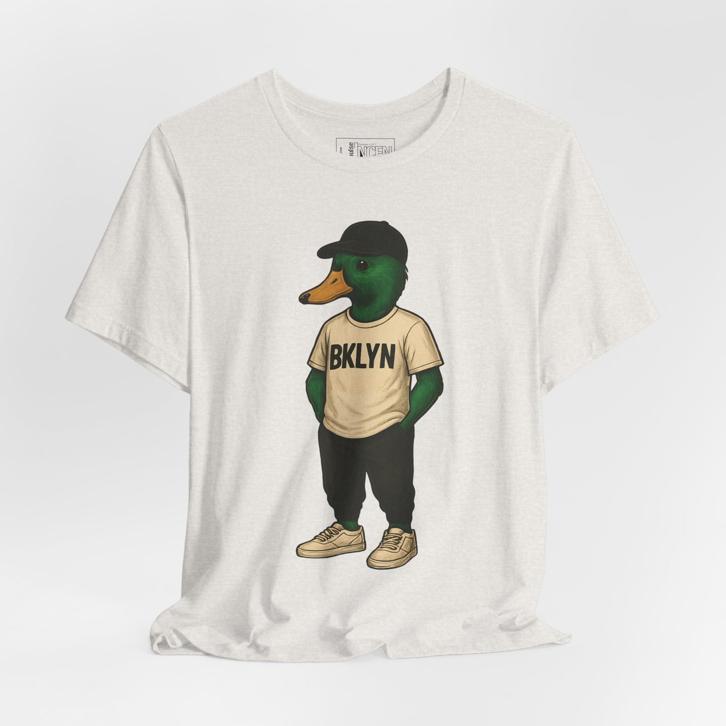 Cement BKLYN Duck T-shirt front view with anthropomorphic mallard duck graphic