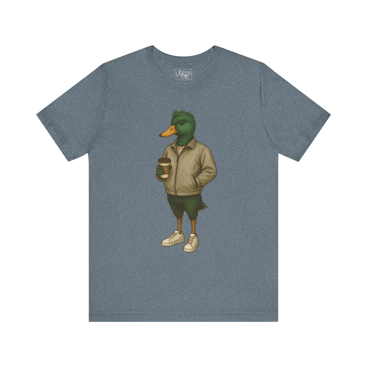Slate Disheveled Duck T-shirt front view with anthropomorphic mallard duck graphic