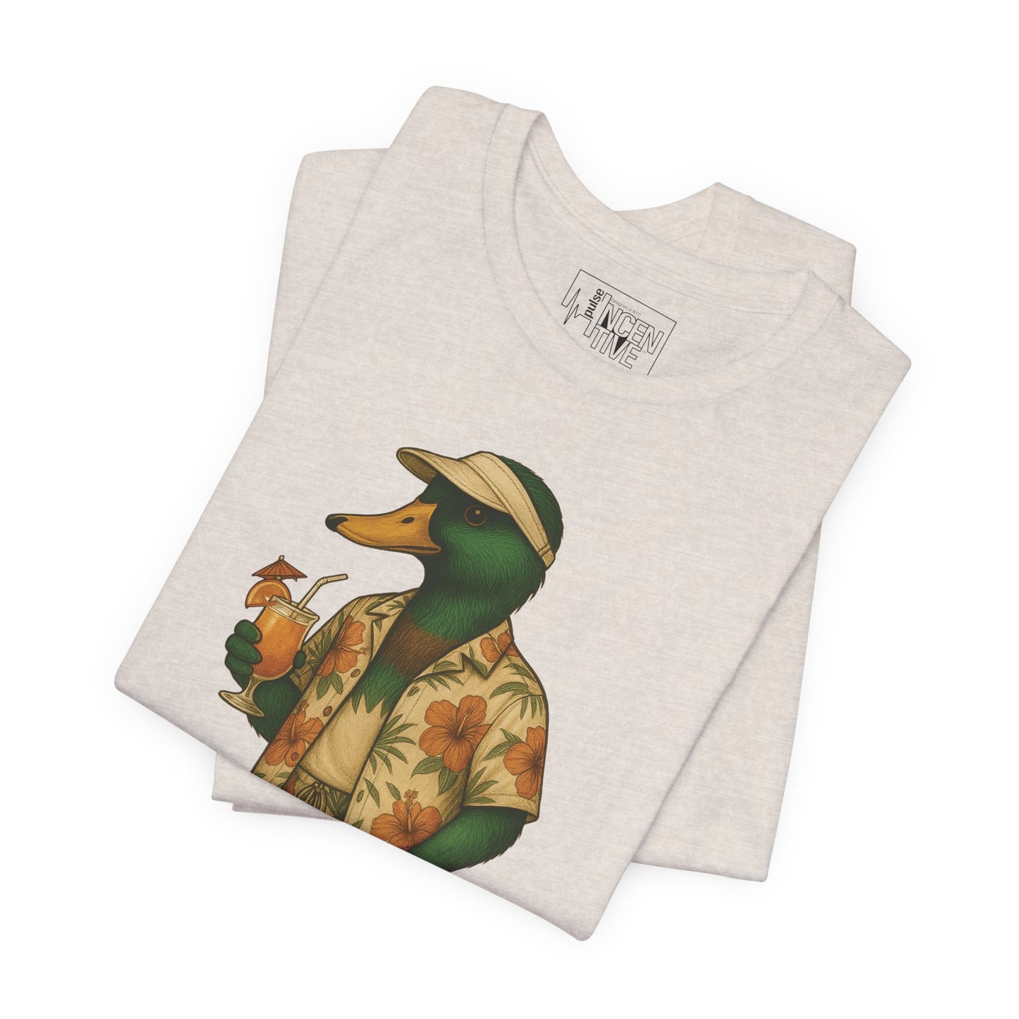 Heather Dust Poolside Duck T-shirt folded view with anthropomorphic mallard duck graphic