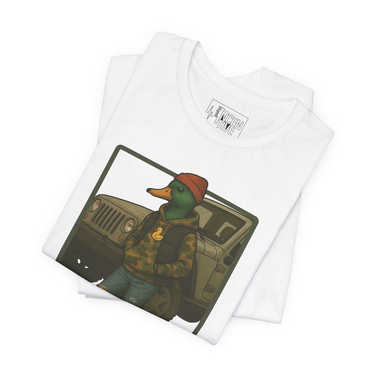 White Off Road Duck T-shirt folded view with anthropomorphic mallard duck graphic