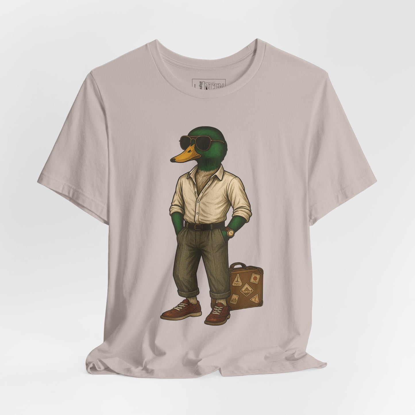 Cool Grey Jetsetter Duck T-shirt front view with anthropomorphic mallard duck graphic