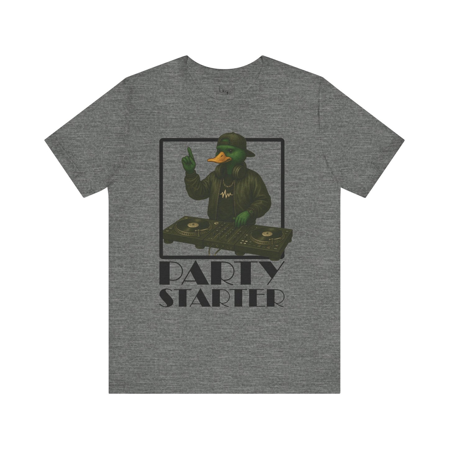 Deep Heather DJ Duck T-shirt front view with anthropomorphic mallard duck graphic