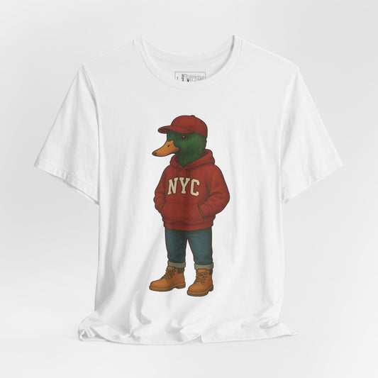 White NYC Duck T-shirt front view with anthropomorphic mallard duck graphic