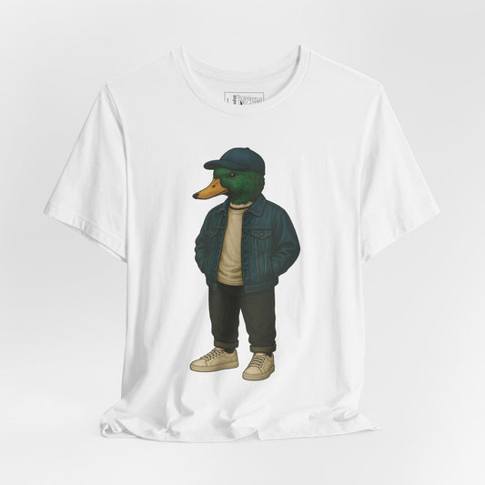 White Denim Duck T-shirt front view with anthropomorphic mallard duck graphic
