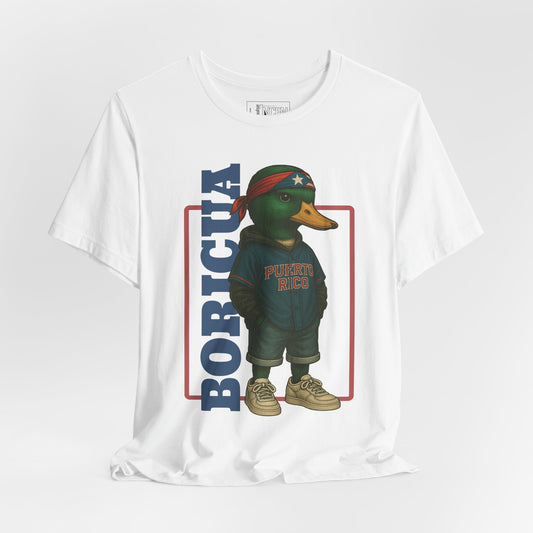 White Boricua Duck T-shirt front view with anthropomorphic mallard duck graphic