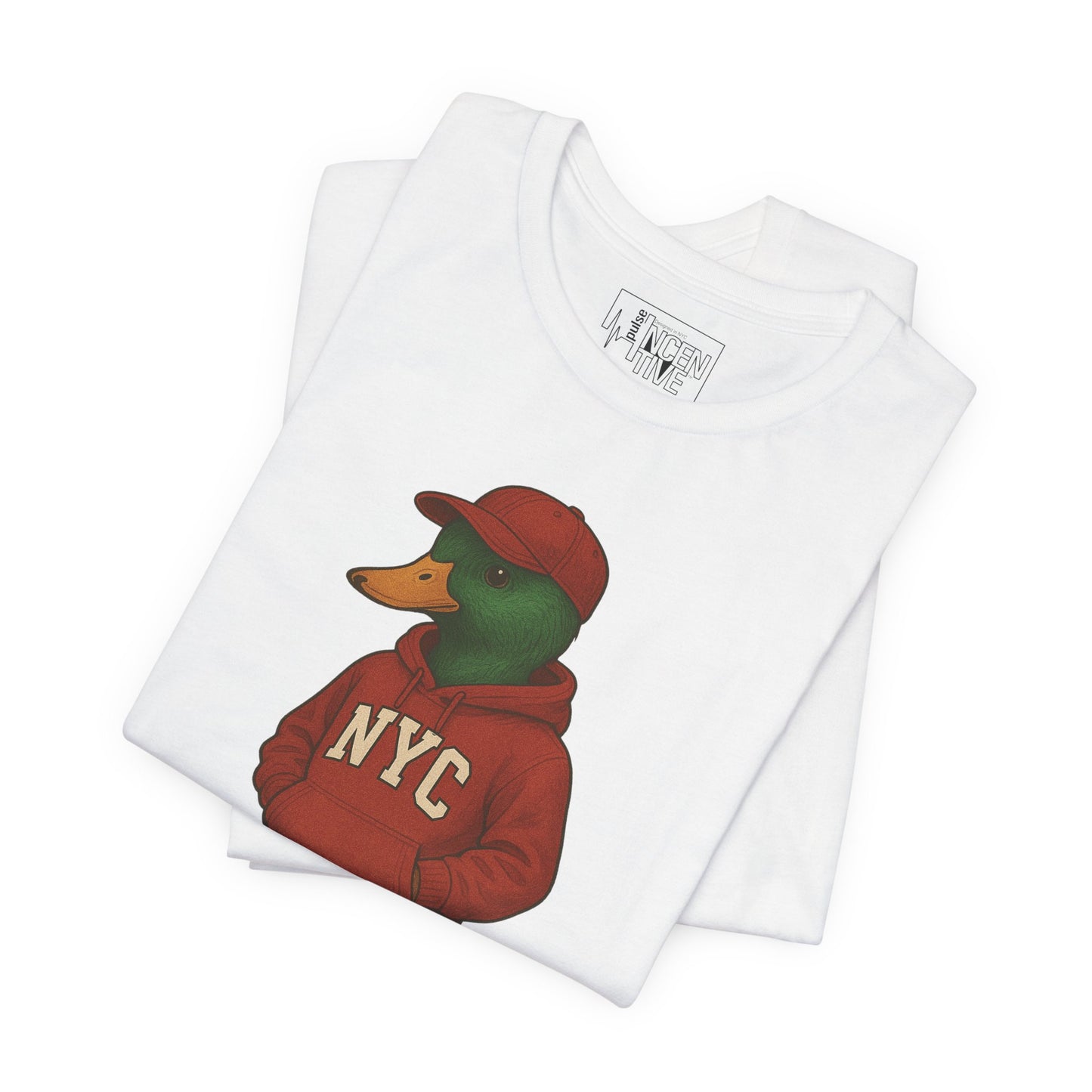 White NYC Duck T-shirt folded view with anthropomorphic mallard duck graphic