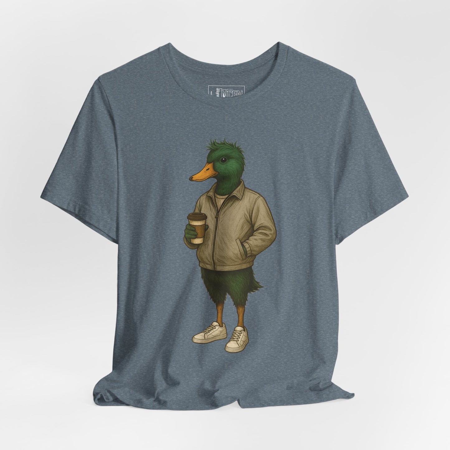 Slate Disheveled Duck T-shirt front view with anthropomorphic mallard duck graphic