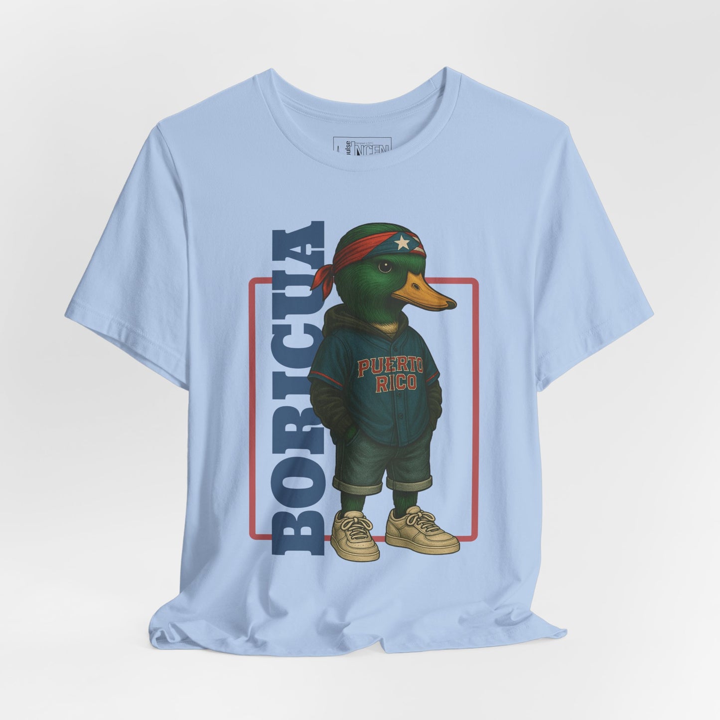 Baby Blue Boricua Duck T-shirt front view with anthropomorphic mallard duck graphic
