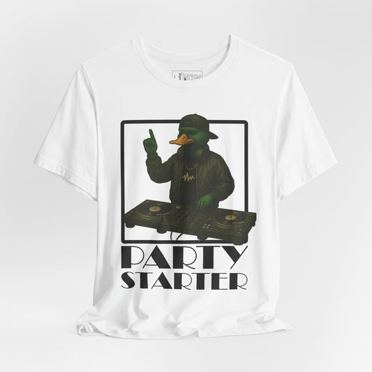 White DJ Duck T-shirt front view with anthropomorphic mallard duck graphic