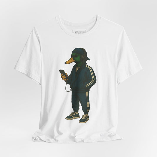 White Tracksuit Duck T-shirt front view with anthropomorphic mallard duck graphic