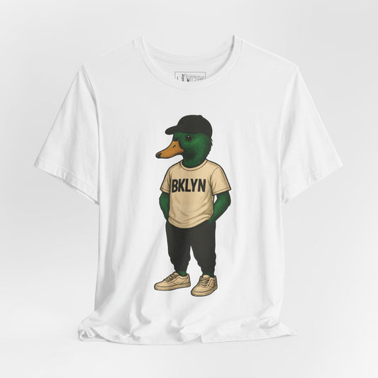White BKLYN Duck T-shirt front view with anthropomorphic mallard duck graphic