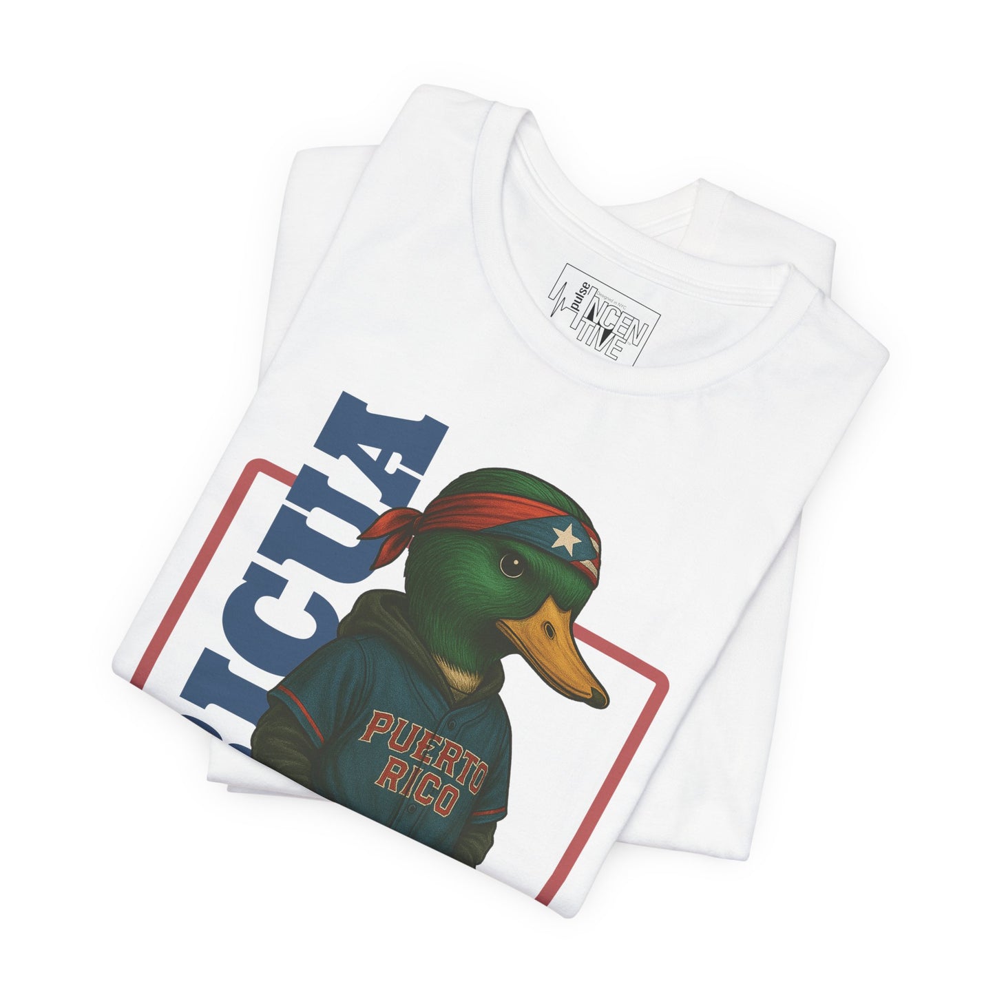 White Boricua Duck T-shirt folded view with anthropomorphic mallard duck graphic