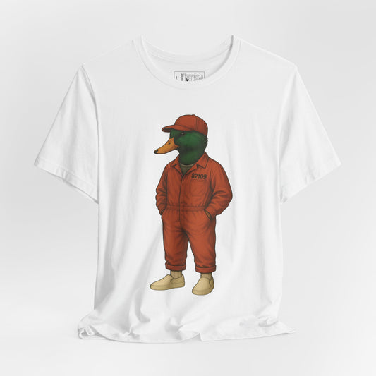 White Inmate Duck T-shirt front view with anthropomorphic mallard duck graphic