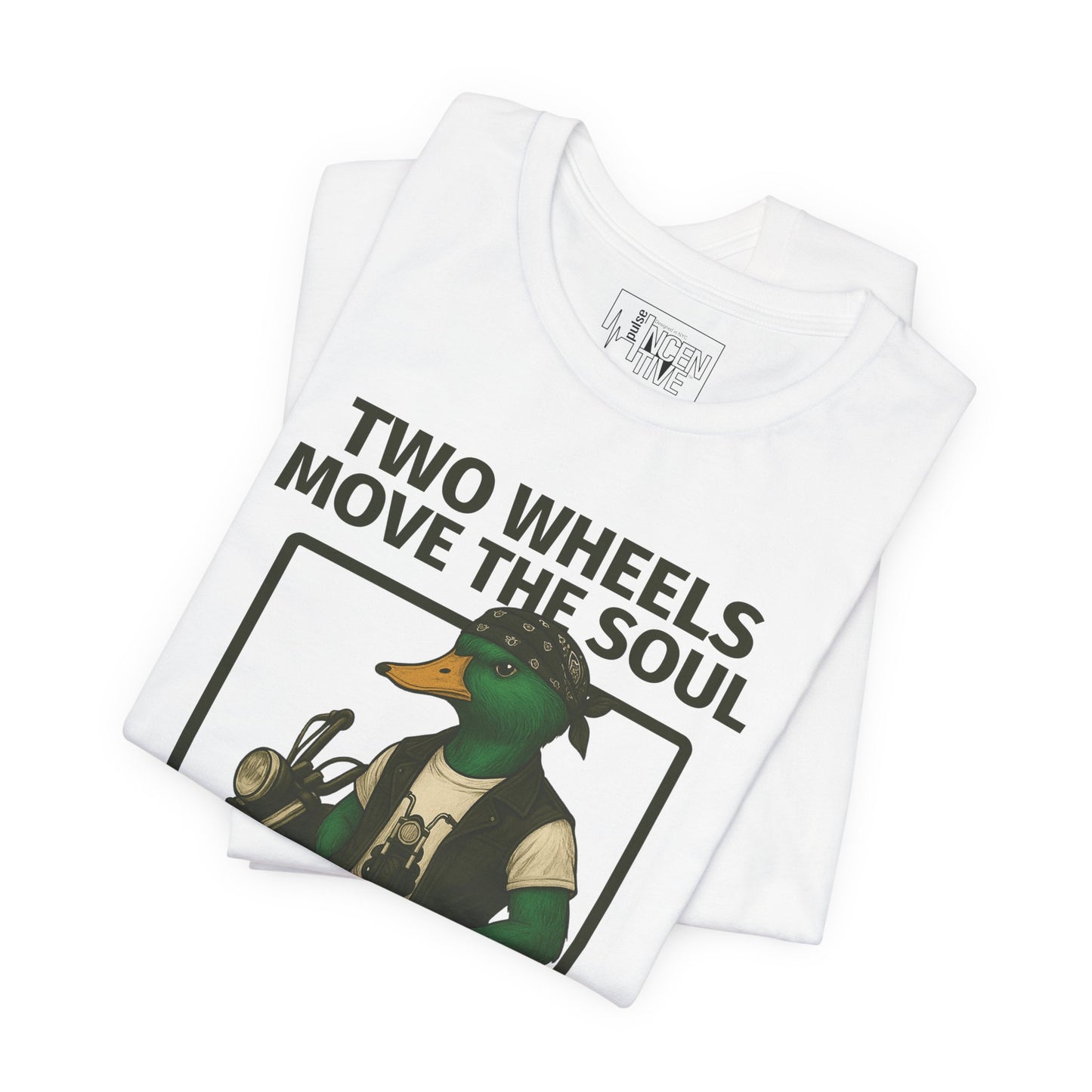 White Motorcycle Duck T-shirt folded view with anthropomorphic mallard duck graphic