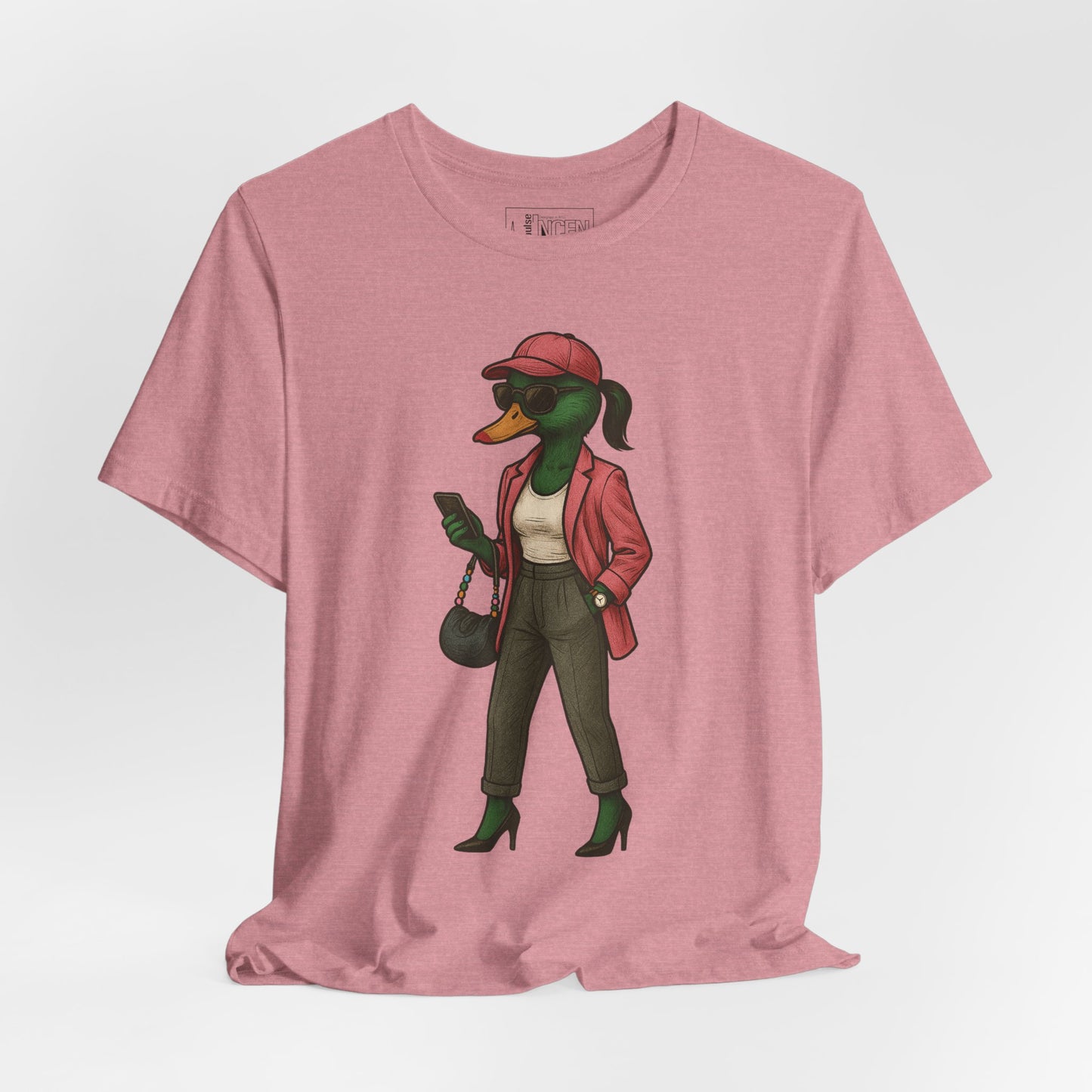 Orchid Fashionista She Duck T-shirt front view with anthropomorphic mallard duck graphic