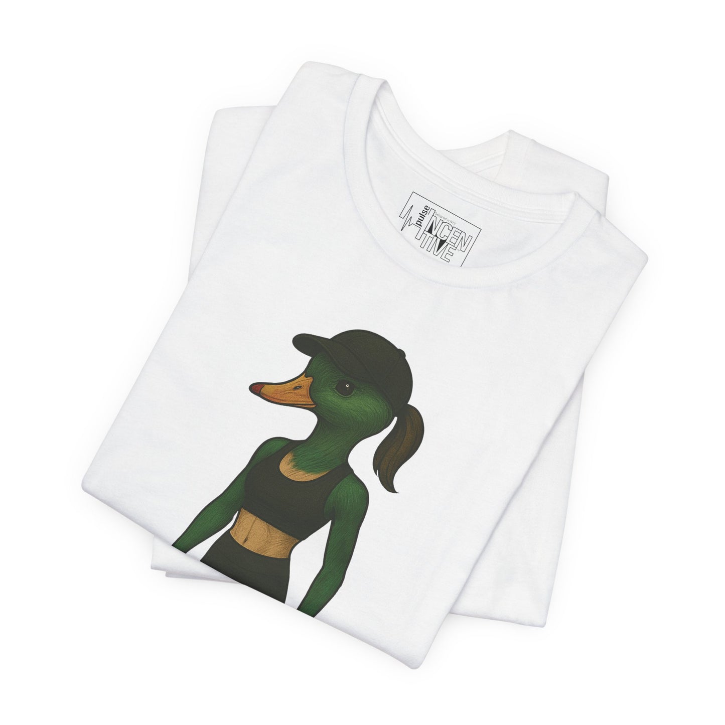 White Athletic She Duck T-shirt folded view with anthropomorphic mallard duck graphic