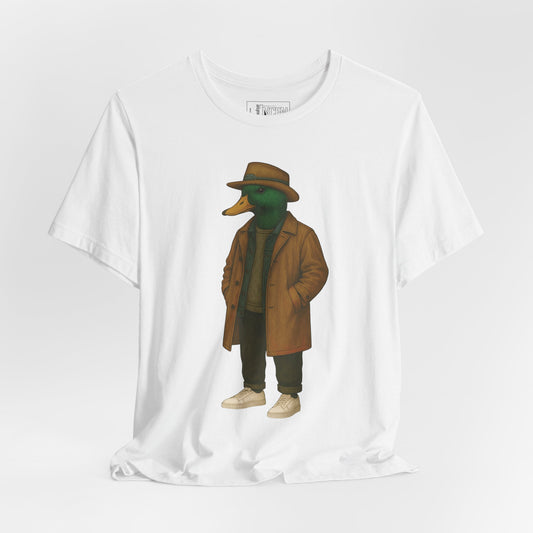 White Noir Duck T-shirt front view with anthropomorphic mallard duck graphic