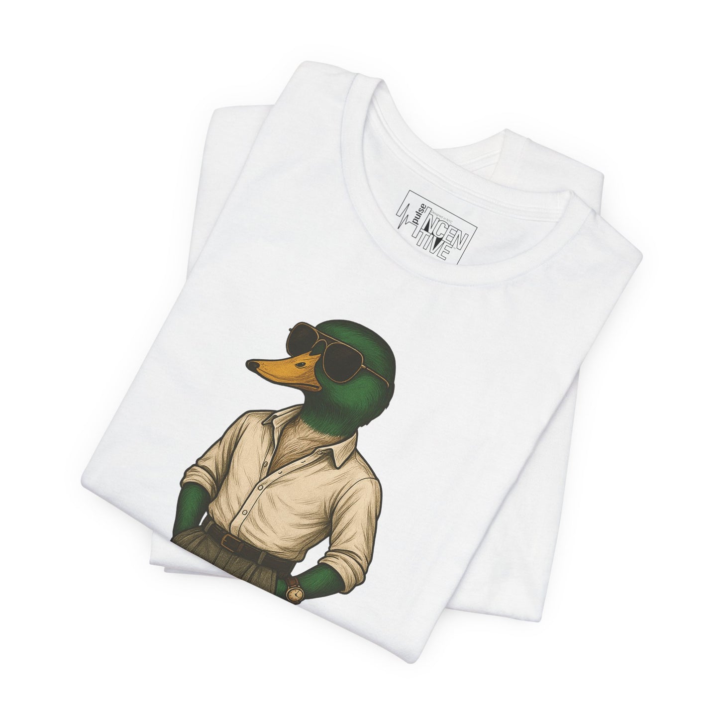 White Jetsetter Duck T-shirt folded view with anthropomorphic mallard duck graphic