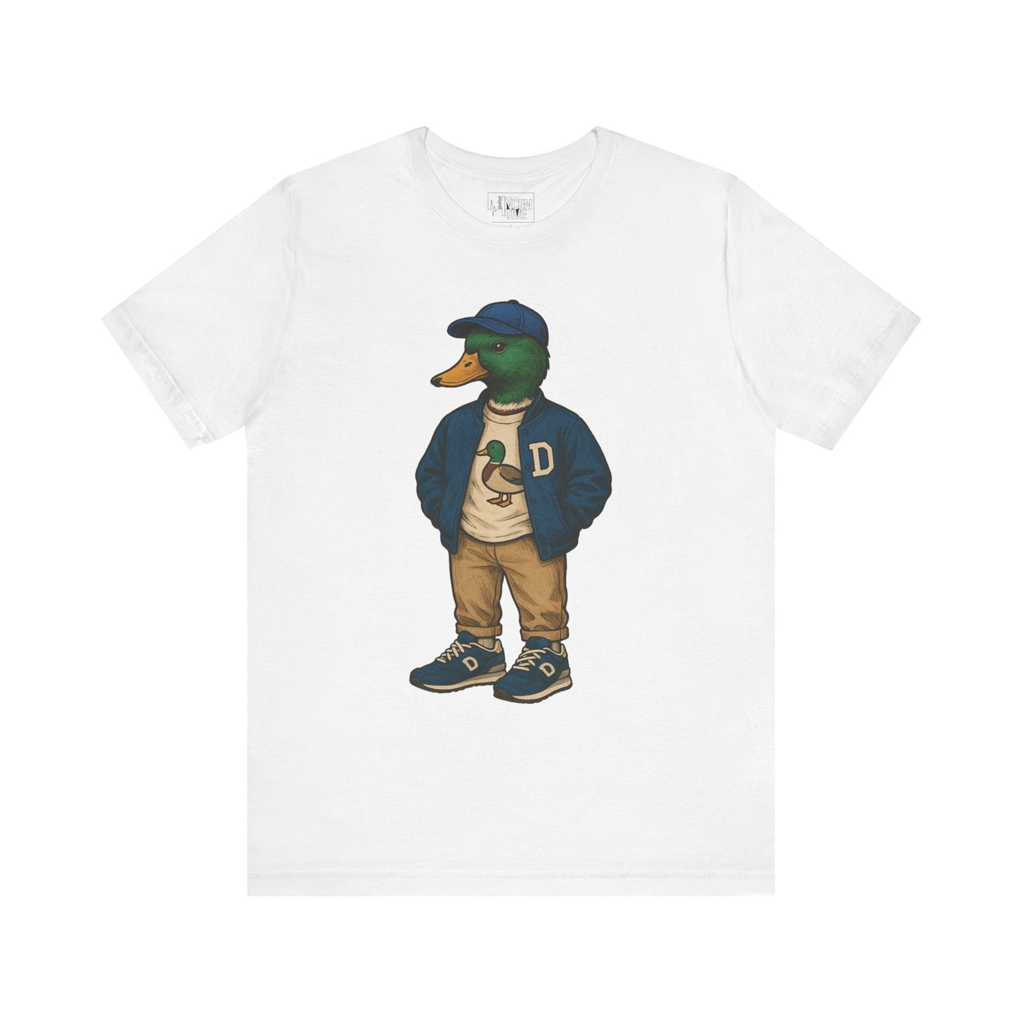 White Varsity Duck T-shirt front view with anthropomorphic mallard duck graphic