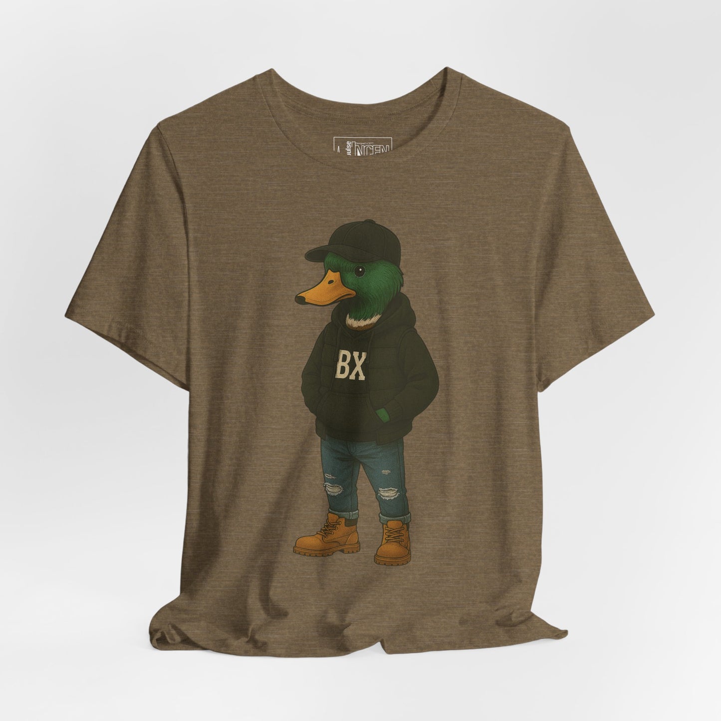 Olive Bronx Duck T-shirt front view with anthropomorphic mallard duck graphic