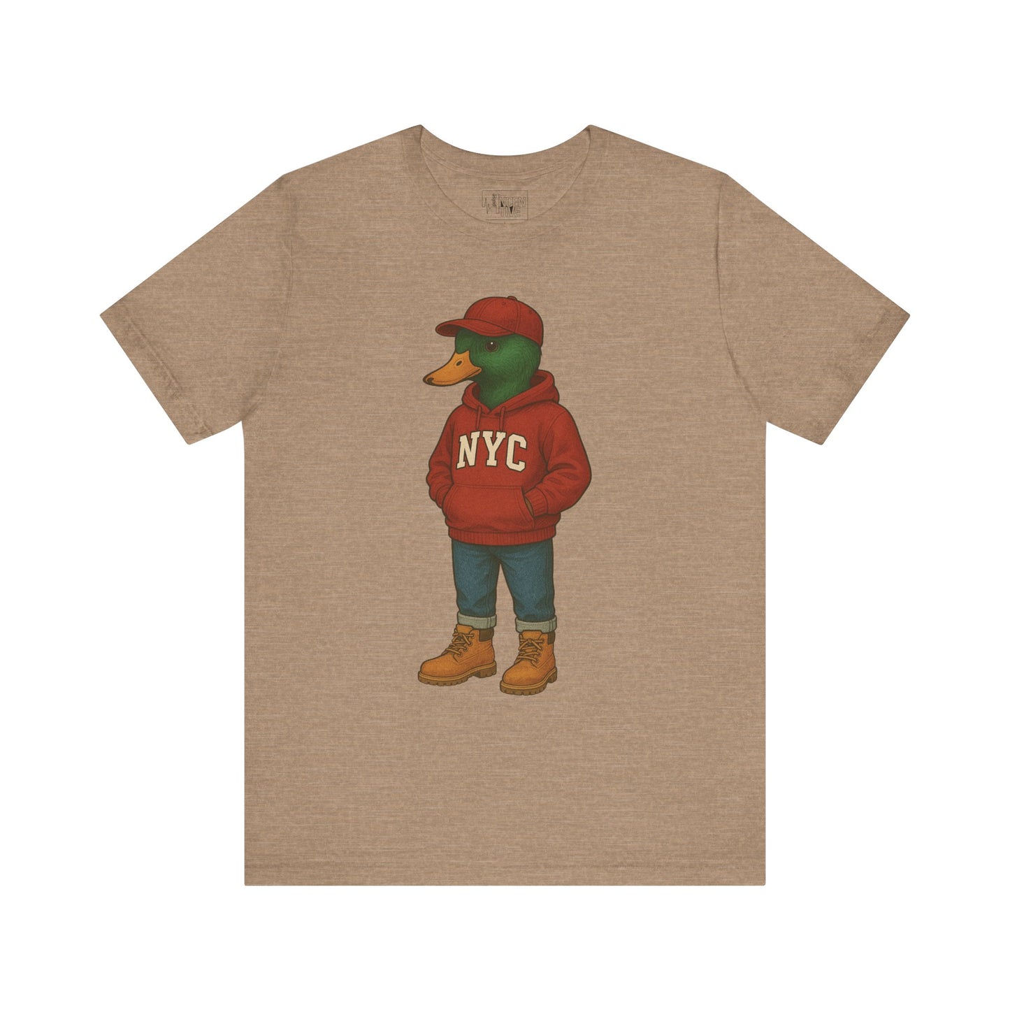Tan NYC Duck T-shirt front view with anthropomorphic mallard duck graphic