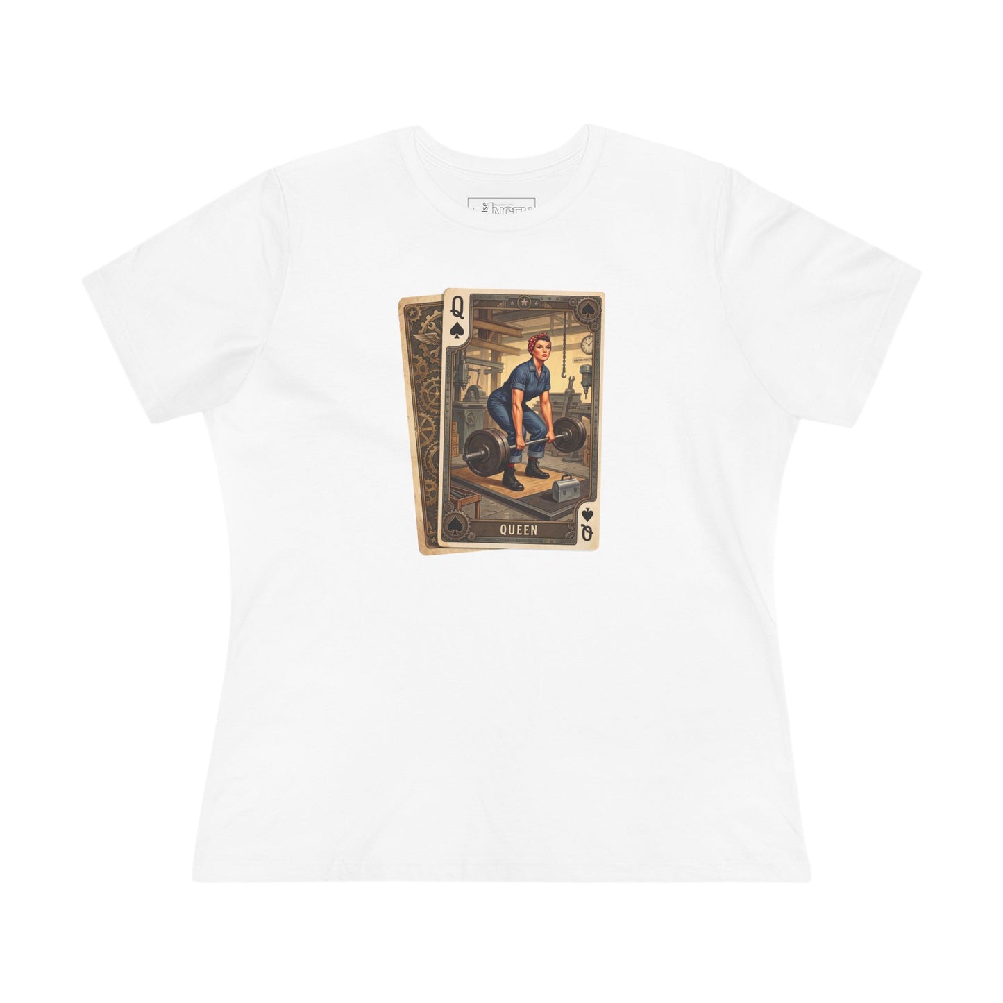 Queen of Strength Graphic Tee — Vintage Weightlifting Playing Card Design