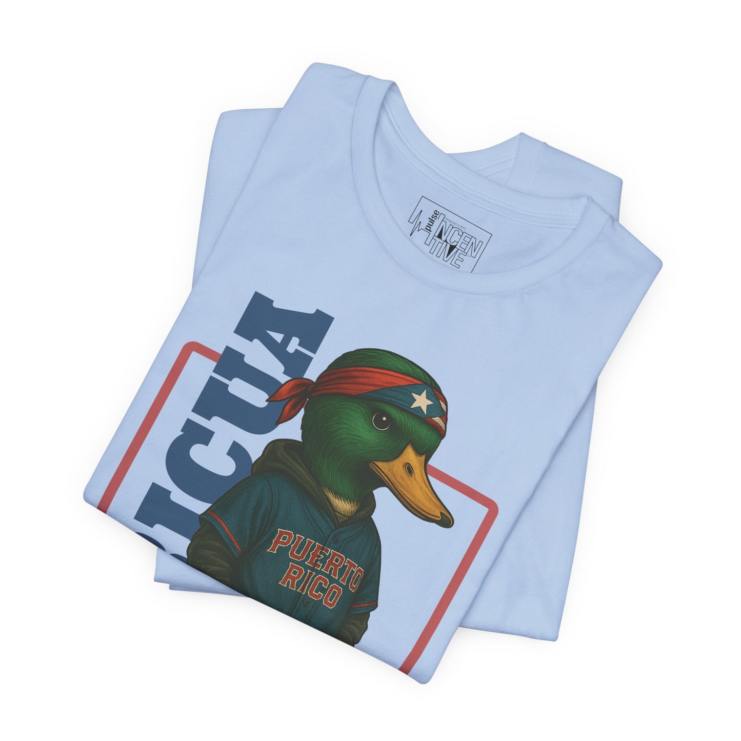 Baby Blue Boricua Duck T-shirt folded view with anthropomorphic mallard duck graphic