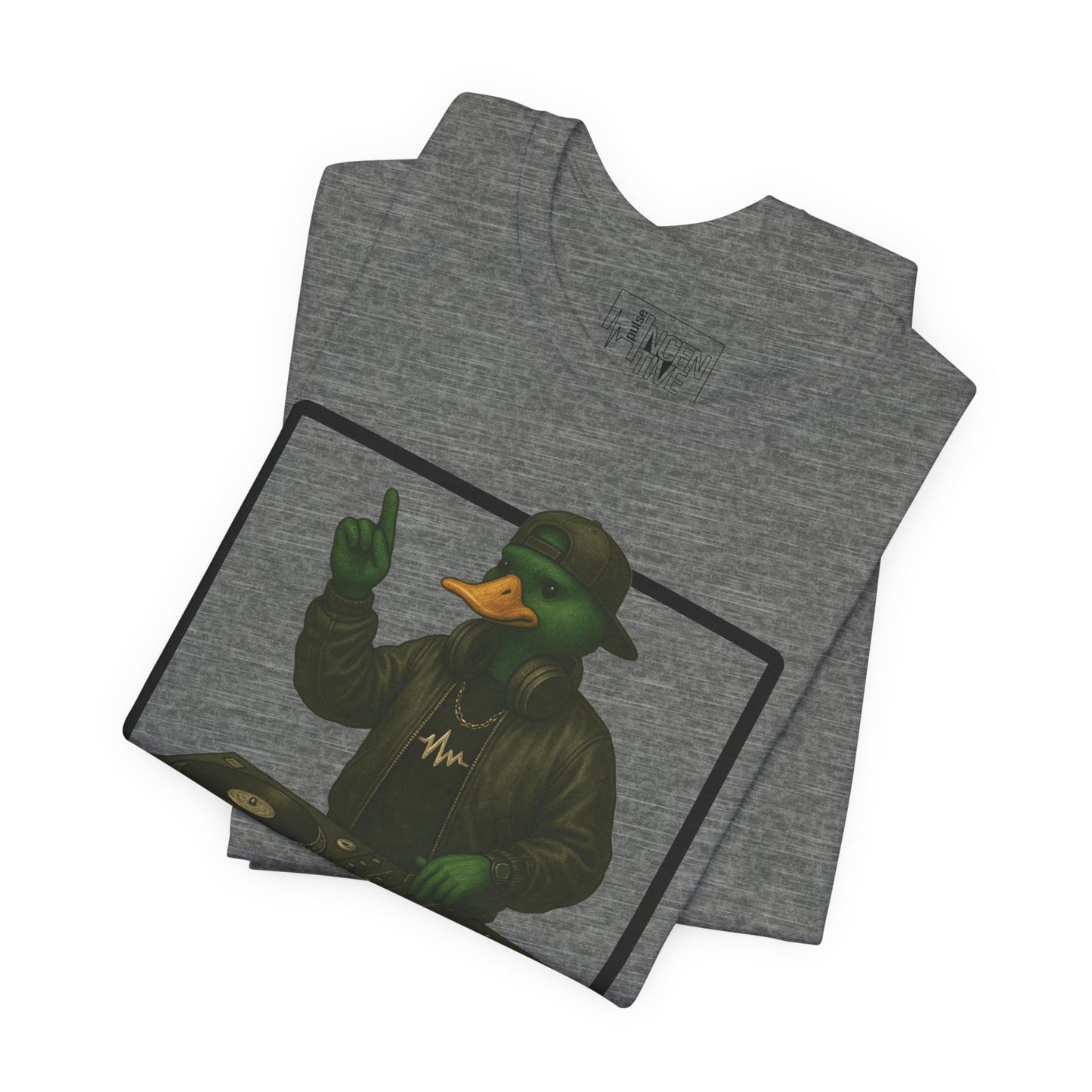Deep Heather DJ Duck T-shirt folded view with anthropomorphic mallard duck graphic