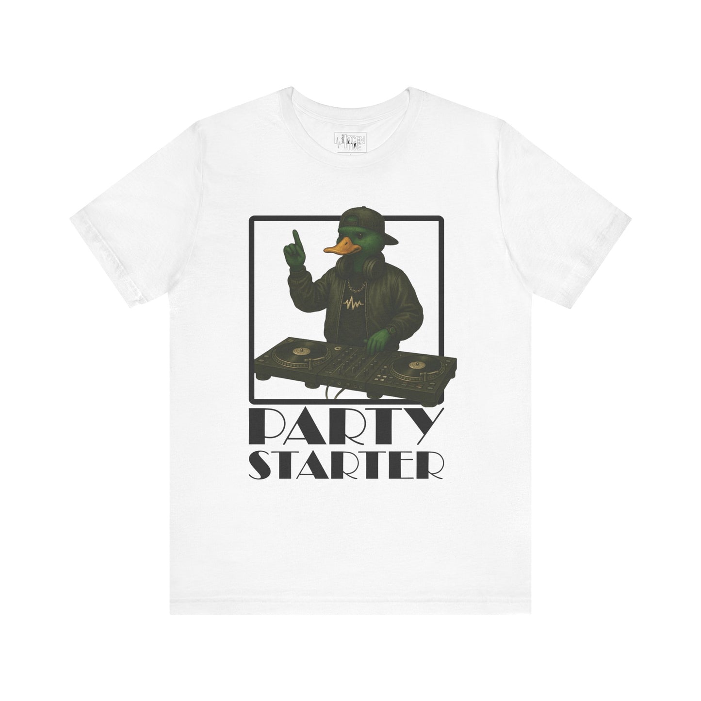 White DJ Duck T-shirt front view with anthropomorphic mallard duck graphic