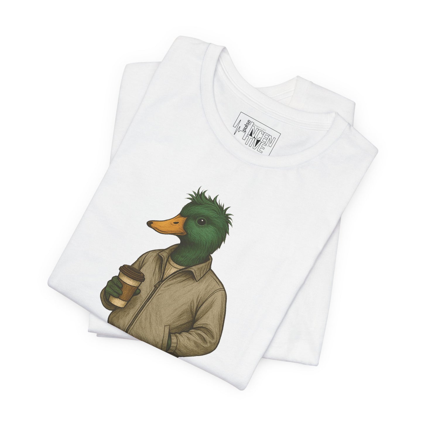 White Disheveled Duck T-shirt folded view with anthropomorphic mallard duck graphic