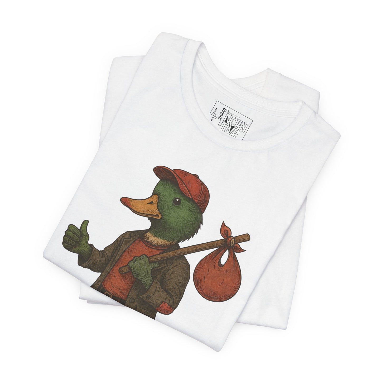 White No Luck Duck T-shirt folded view with anthropomorphic mallard duck graphic