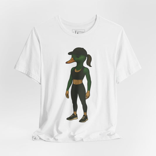 White Athletic She Duck T-shirt front view with anthropomorphic mallard duck graphic