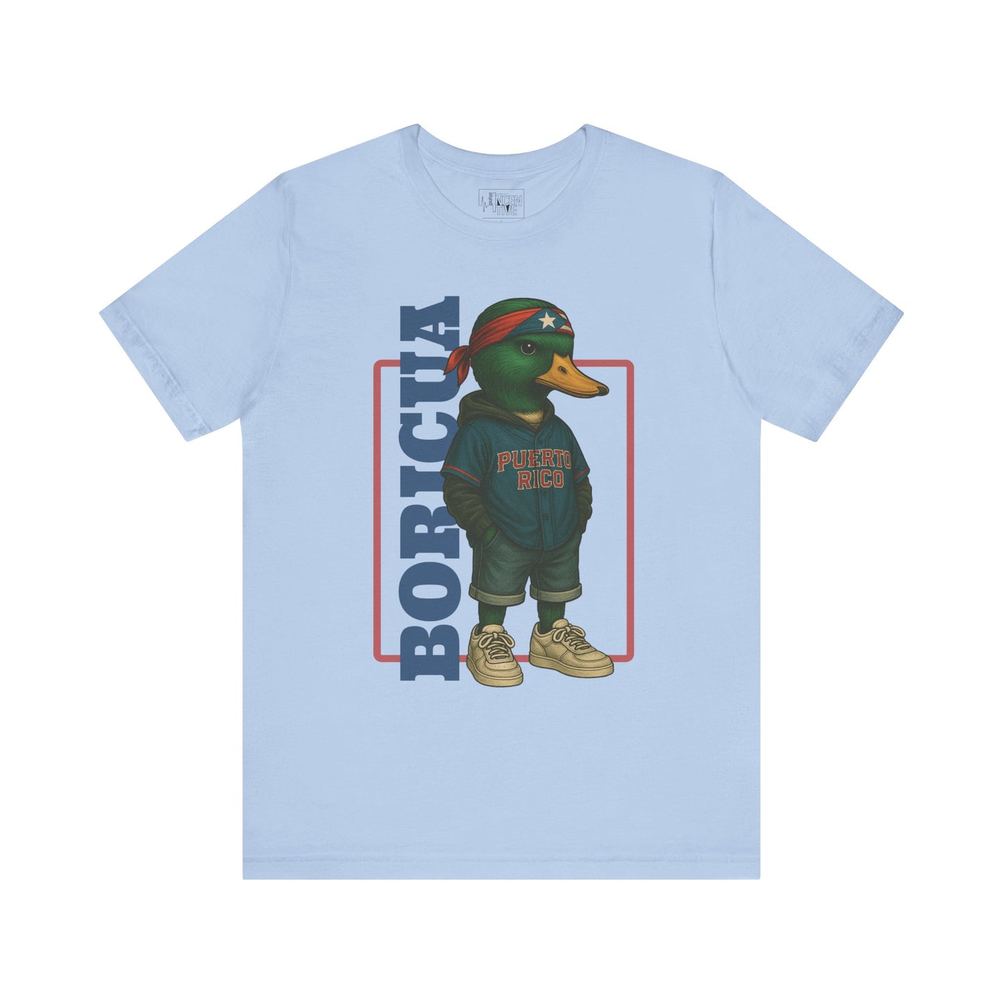 Baby Blue Boricua Duck T-shirt front view with anthropomorphic mallard duck graphic