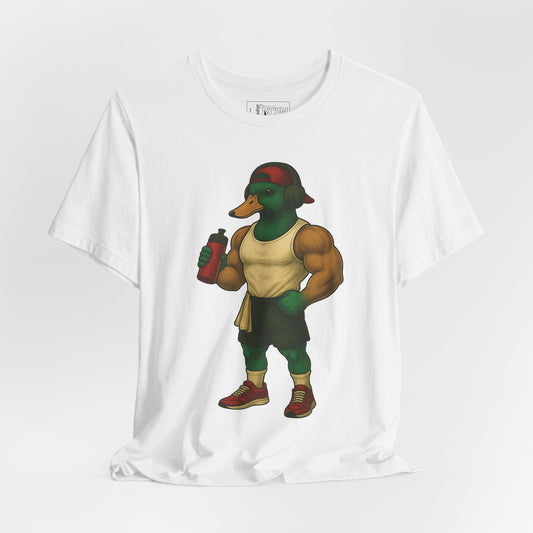 White Muscle Duck T-shirt front view with anthropomorphic mallard duck graphic