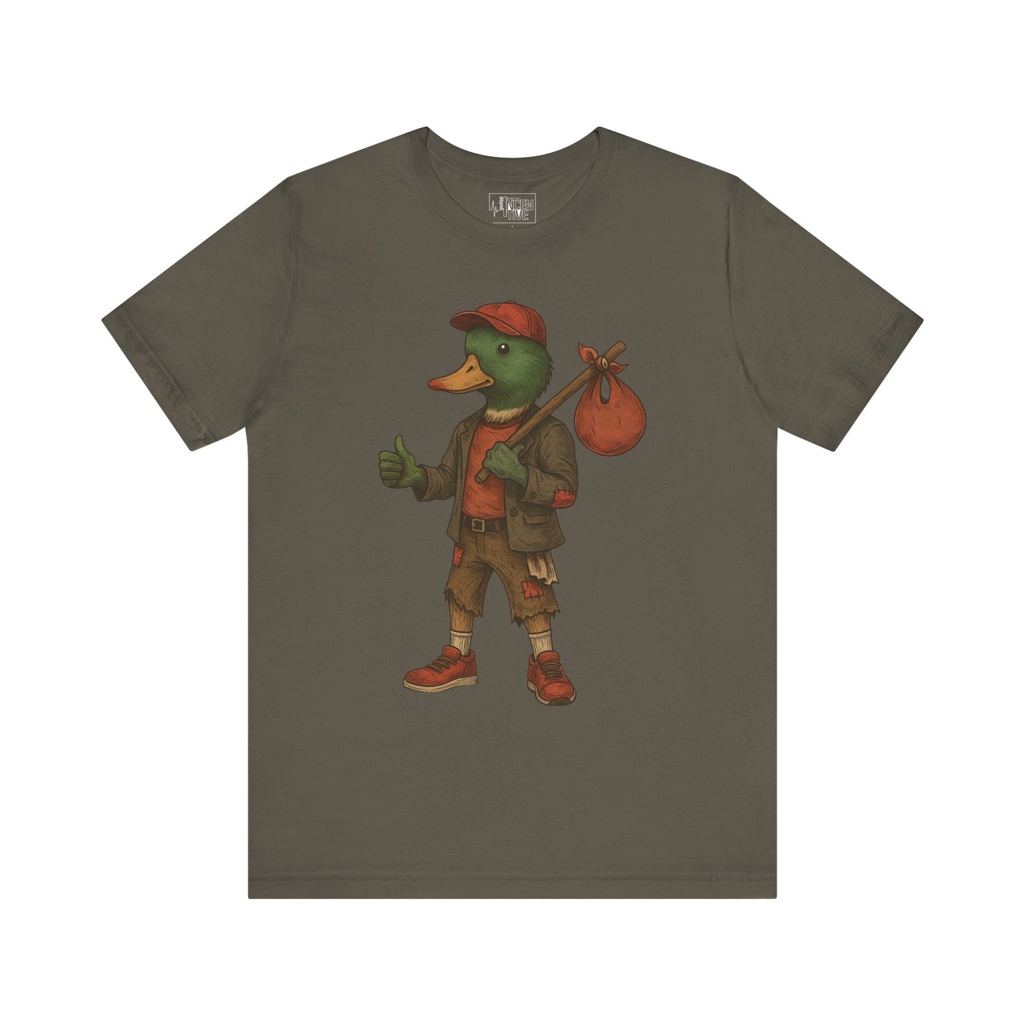 Army No Luck Duck T-shirt front view with anthropomorphic mallard duck graphic