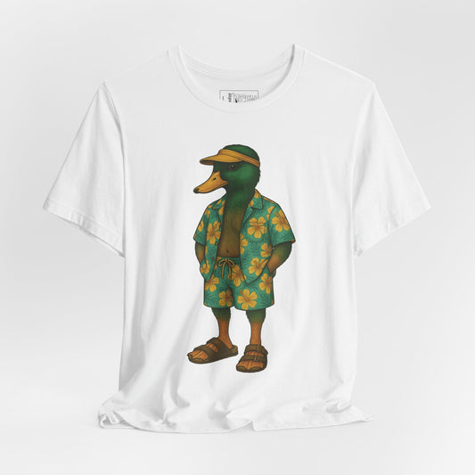 White Hawaiian Duck T-shirt front view with anthropomorphic mallard duck graphic