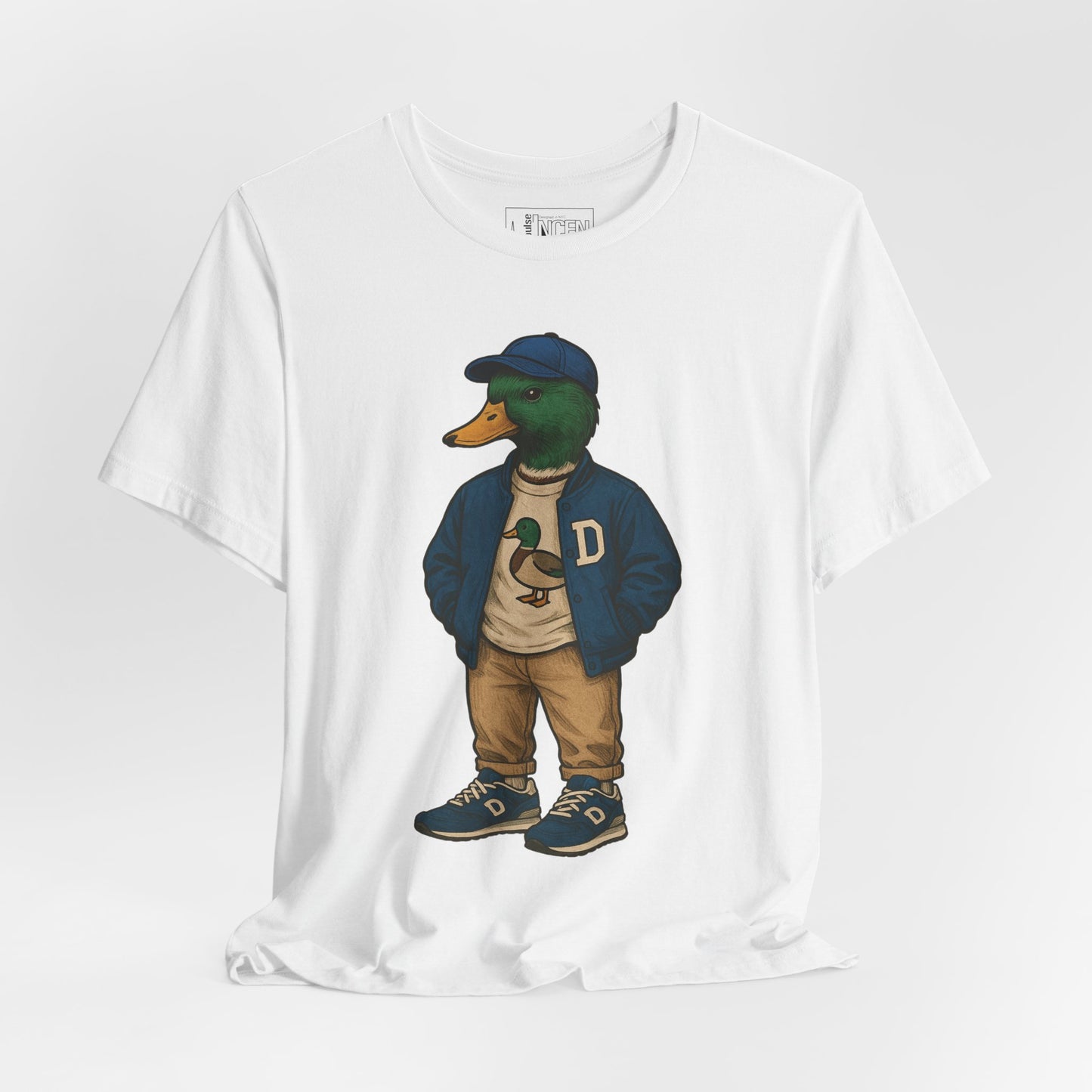 White Varsity Duck T-shirt front view with anthropomorphic mallard duck graphic