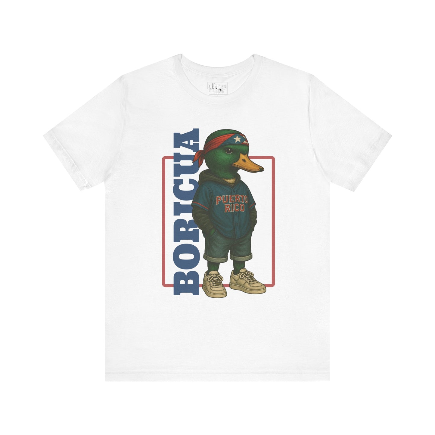 White Boricua Duck T-shirt front view with anthropomorphic mallard duck graphic